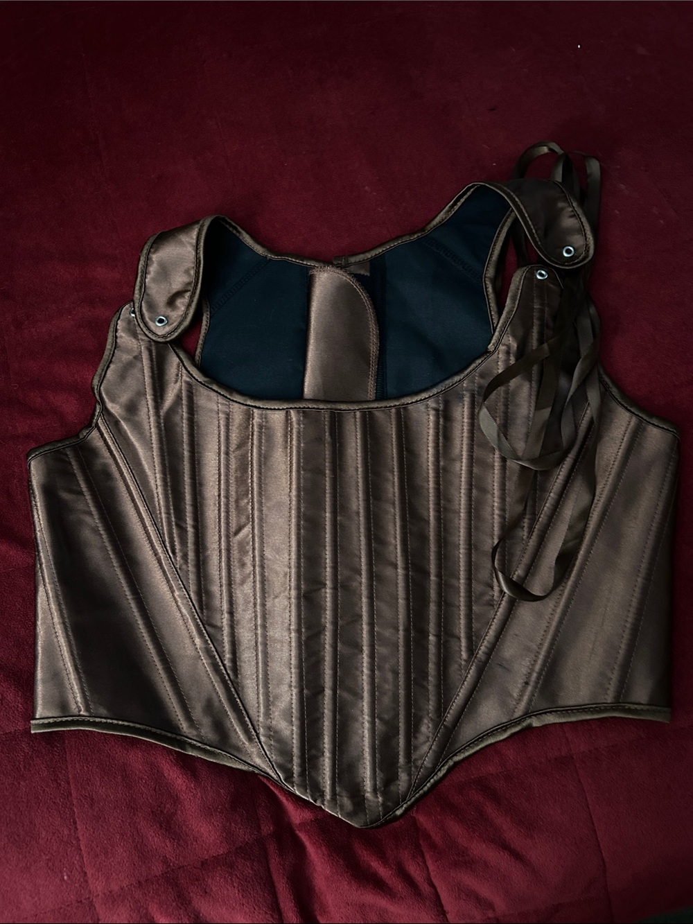 Costume Satin Brown Longline Boned Corset Top with Adjustable Lacing